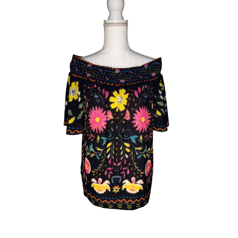 Flying Tomato Womens Black Neon Floral Off The Shoulder Smocked Blouse Large - Picture 1 of 7